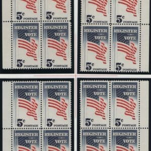 Scott# 1249 REGISTER TO VOTE MNH MATCHED PLATE BLOCKS (4)P# 27832