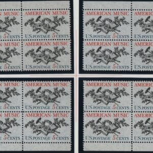 Scott# 1252 AMERICAN MUSIC MNH MATCHED PLATE BLOCKS (4) P# 27848