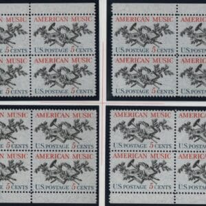 Scott# 1252 AMERICAN MUSIC MNH MATCHED PLATE BLOCKS (4) P# 27852