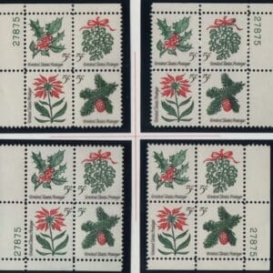 Scott# 1254-57 CHRISTMAS HOLLY MATCHED PLATE BLOCKS (4) P#27875