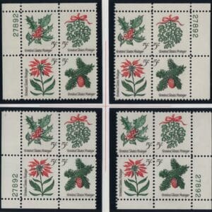 Scott# 1254-57 CHRISTMAS HOLLY MATCHED PLATE BLOCKS (4) P#27892