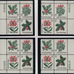 Scott# 1254-57 CHRISTMAS HOLLY MATCHED PLATE BLOCKS (4) P#27909