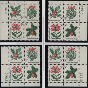 Scott# 1254-57 CHRISTMAS HOLLY MATCHED PLATE BLOCKS (4) P#27910