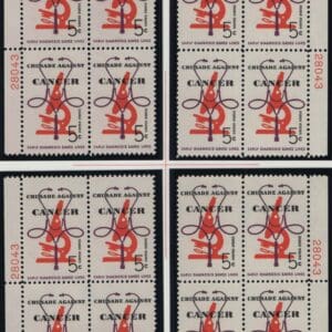 Scott# 1263 "CANCER" MNH MATCHED PLATE BLOCKS (4) PLATE# 28043/49