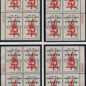 Scott# 1263 "CANCER" MNH MATCHED PLATE BLOCKS (4) PLATE# 28043/48