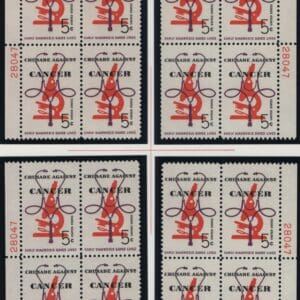 Scott# 1263 "CANCER" MNH MATCHED PLATE BLOCKS (4) PLATE# 28047/49