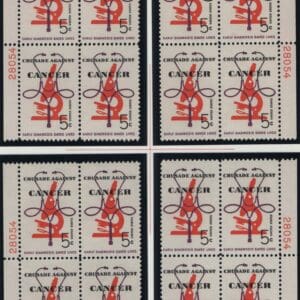 Scott# 1263 "CANCER" MNH MATCHED PLATE BLOCKS (4) PLATE# 28054/57