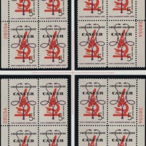 Scott# 1263 "CANCER" MNH MATCHED PLATE BLOCKS (4) PLATE# 28054/60