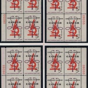 Scott# 1263 "CANCER" MNH MATCHED PLATE BLOCKS (4) PLATE# 28055/57
