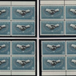 Scott# 1266 U.N. COOPERATION MNH MATCHED PLATE BLOCKS (4) P#28124