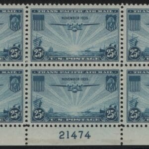 Scott# C20 "CHINA CLIPPER" PLATE BLOCK (6) MNH, PLATE # 21474
