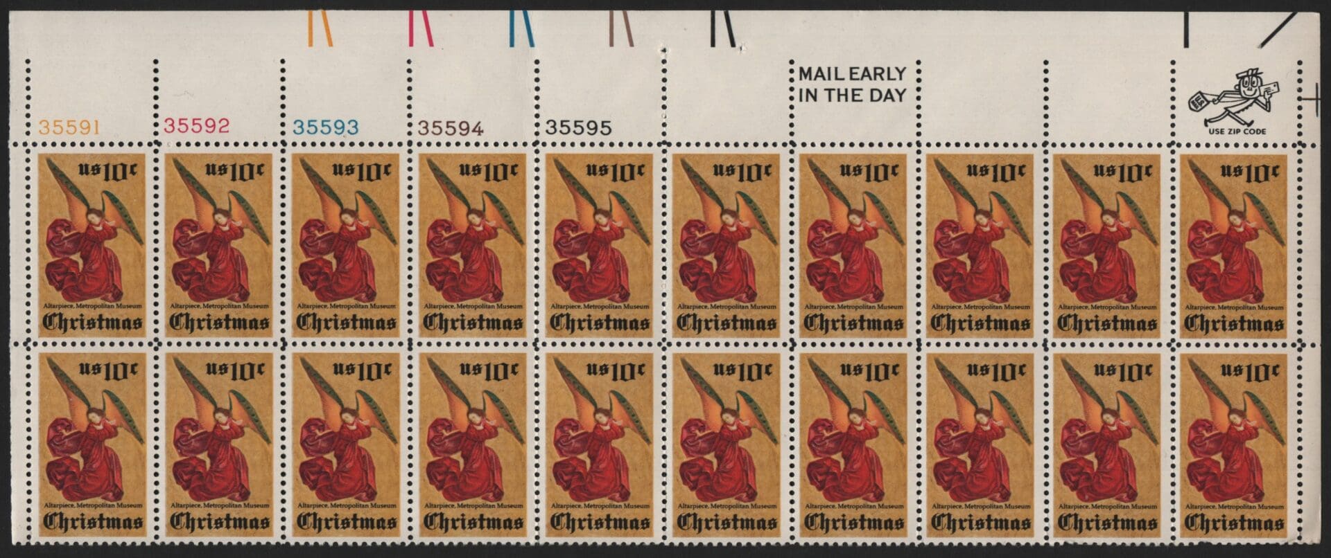 Scott# 1550 CHRISTMAS MNH PLATE-MAIL EARLY & ZIP BLOCK STRIP(20)
