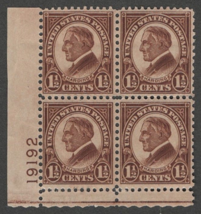 Scott# 633 "WARREN G. HARDING" PLATE BLOCK(4) MNH, PLATE# 19192