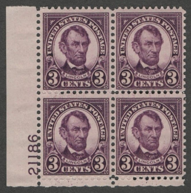 Scott# 635a "LINCOLN" PLATE BLOCK (4) MNH *SEE DETAILS* P# 21186