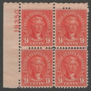 Scott# 641 "THOMAS JEFFERSON" MNH PLATE BLOCK (4) PLATE # 19350