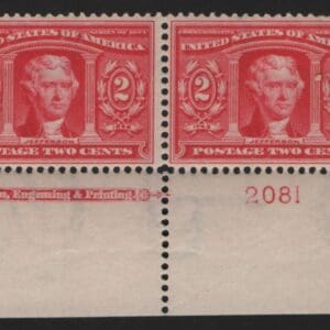 Scott# 324 "THOMAS JEFFERSON" MNH PAIR WITH PLATE # & INSCRIPTION