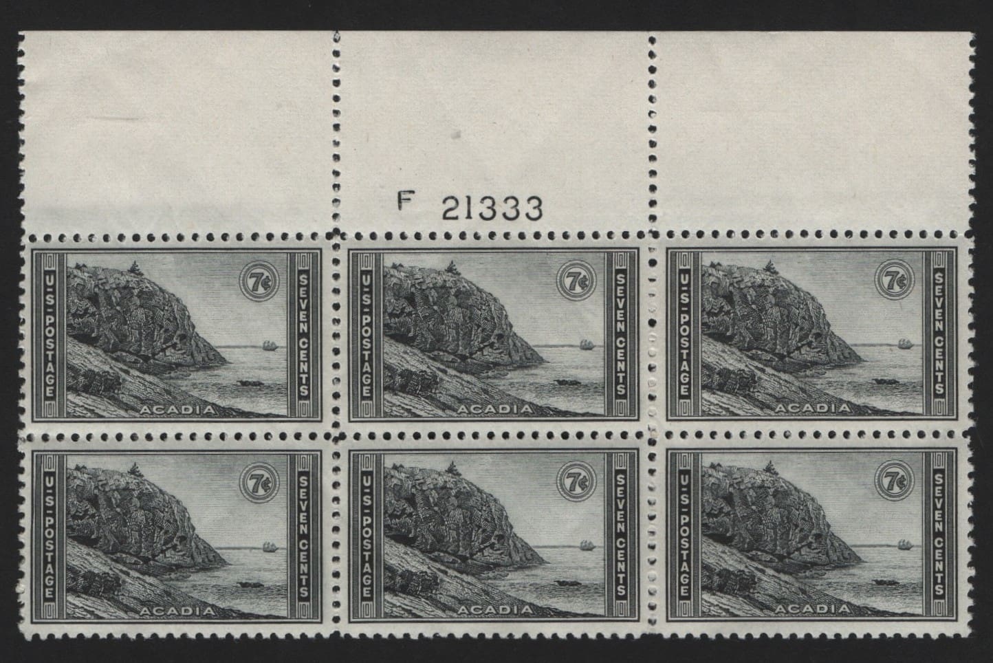 Scott# 746 "NATIONAL PARKS - ACADIA PARK" MPH TOP PLATE BLOCK (6) P# 21333