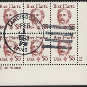 Scott# 2196 "BRET HARTE" USED PLATE BLOCK(6) LANDISBURG PA CANCEL