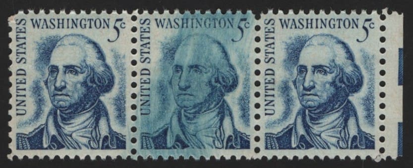 Scott# 1283 "GEORGE WASHINGTON" MNH EFO STRIP (3) WITH INK SMEAR
