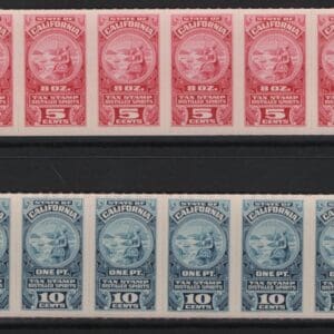 CALIFORNIA DISTILLED SPIRITS ROULETTED REVENUE STAMPS, 2 STRIPS 6