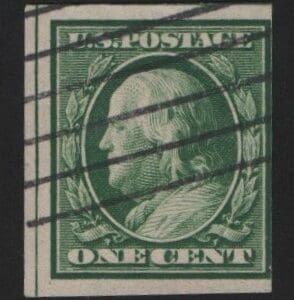 Scott# 383 "FRANKLIN" USED IMPERF, BAR GRID CANCEL, GUIDE LINE
