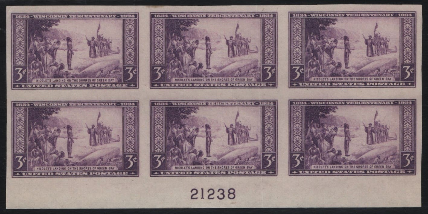 Scott# 755 "NICOLET'S LANDING" IMPERF. PLATE BLOCK (6) MINT, NGAI