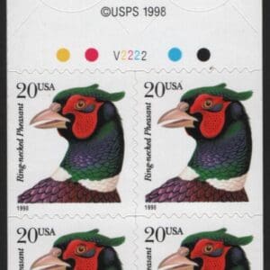 Scott# 3050 "RING NECKED PHEASANT" BOOKLET BLOCK, PLATE # V2222