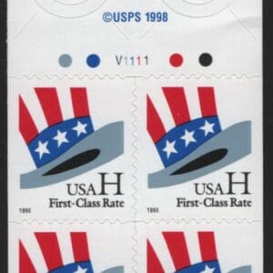 Scott# 3268A "H-RATE" BOOKLET BLOCK (4) PLATE # V1111