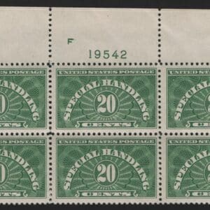 Scott# QE3 "SPECIAL HANDLING" MNH TOP PLATE BLOCK (6)