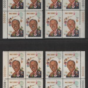 Scott# 1355 "WALT DISNEY" MNH MATCHED SET of PLATE BLOCKS (4)
