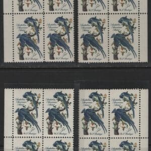 Scott# 1241 JOHN J AUDUBON-BLUE JAY MATCHED SET, PLATE BLOCKS (4)