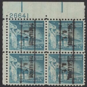 Scott# 1031a "PALACE of GOVERNORS" PLATE BLOCK (4) BINGHAMTON PC