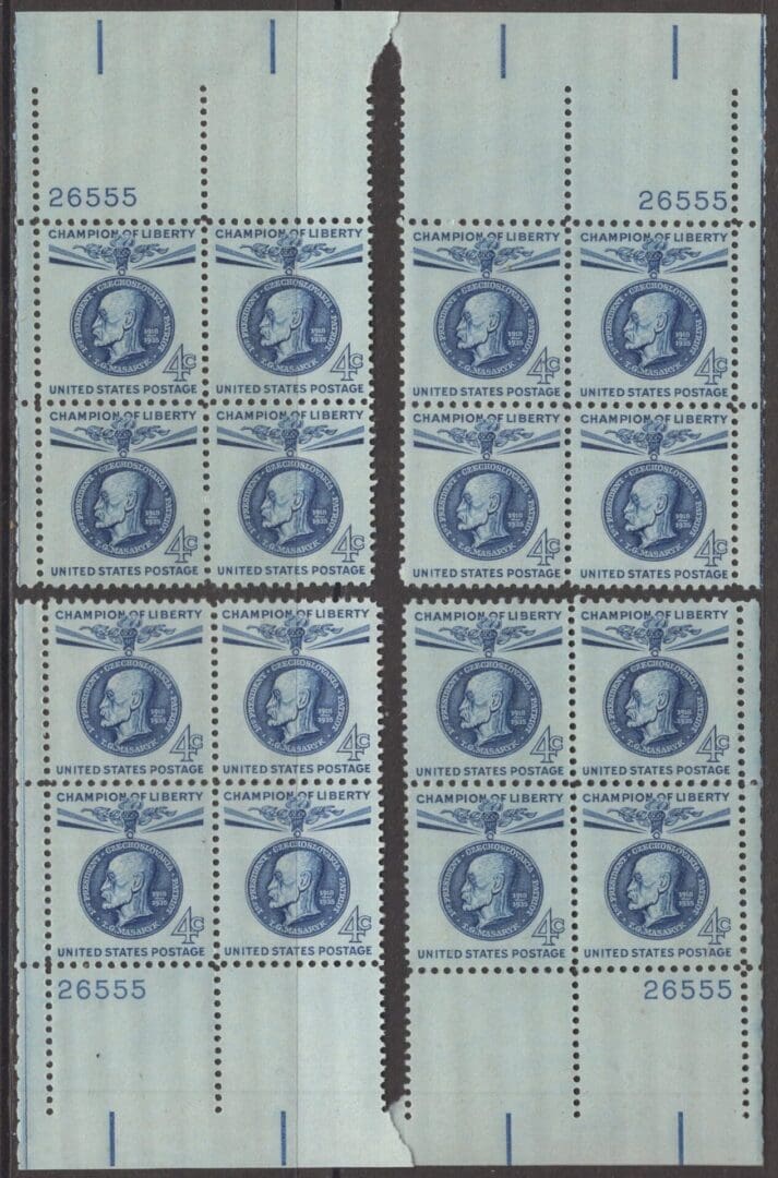 Scott# 1147 "THOMAS G MASARYK" MATCHED PLATE BLOCKS (4) P# 26555