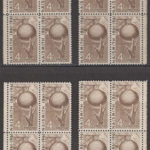 Scott# 1189 NAISMITH-BASKETBALL MATCHED PLATE BLOCKS (4) P# 27060