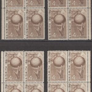 Scott# 1189 NAISMITH-BASKETBALL MATCHED PLATE BLOCKS (4) P# 27061