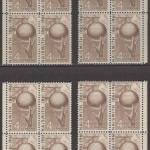 Scott# 1189 NAISMITH-BASKETBALL MATCHED PLATE BLOCKS (4) P# 27063