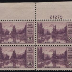 Scott# 742 "MT. RAINIER NAT'L PARK" MNH BLOCK (4) WITH PLATE #