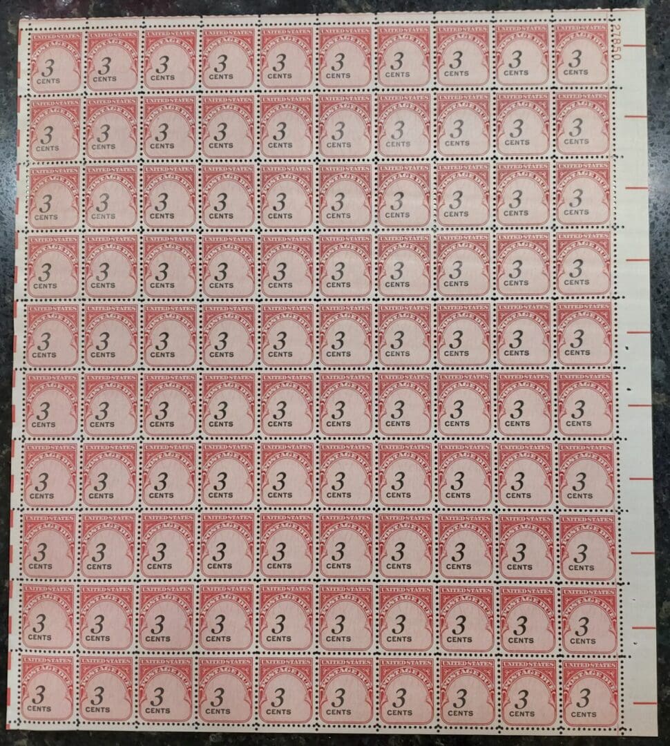 Scott# J91 "POSTAGE DUE" ROTARY PRESS MNH FULL SHEET (100)