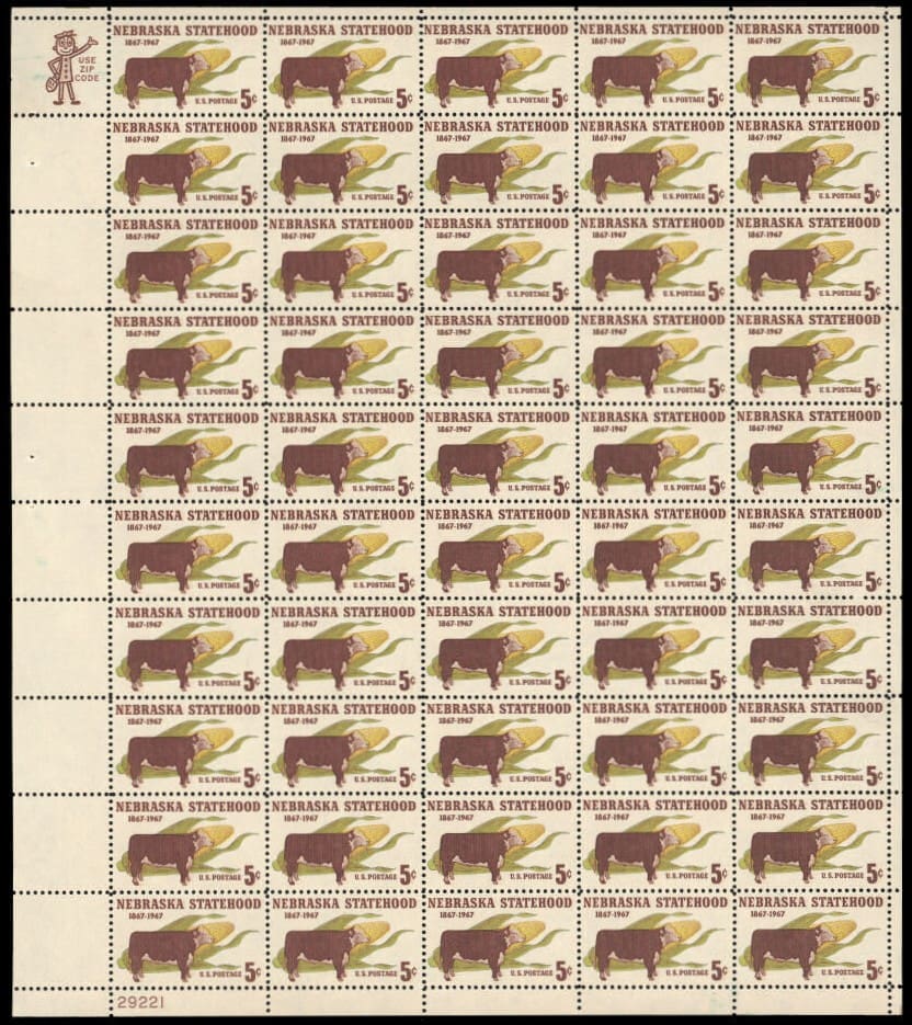 Scott# 1328 NEBRASKA STATEHOOD-HEREFORD & CORN MNH FULL SHEET(50)