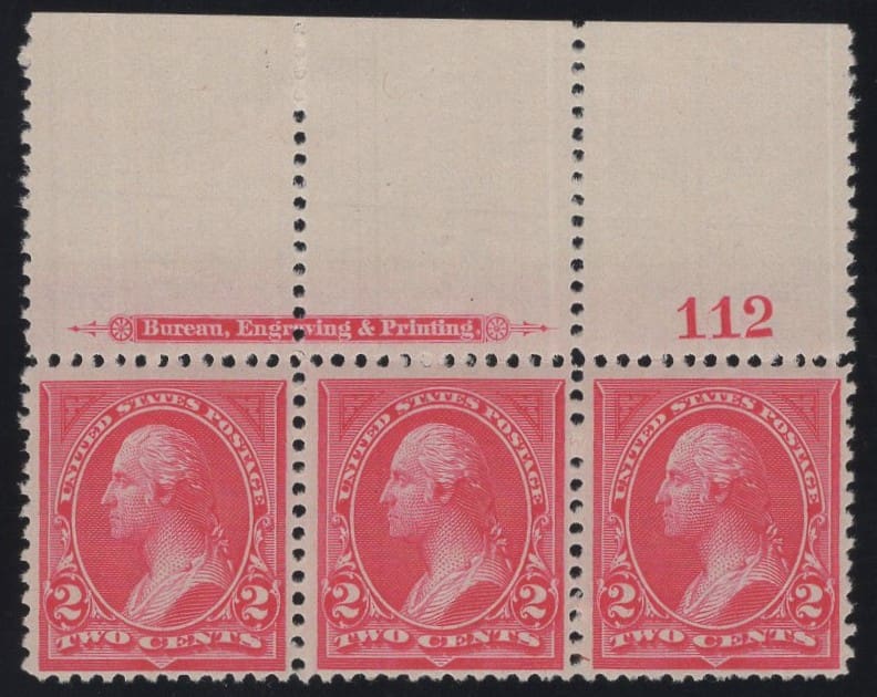 Scott# 250 "WASHINGTON" MNH PLATE # STRIP (3) W/ENGRAVERS MARKING
