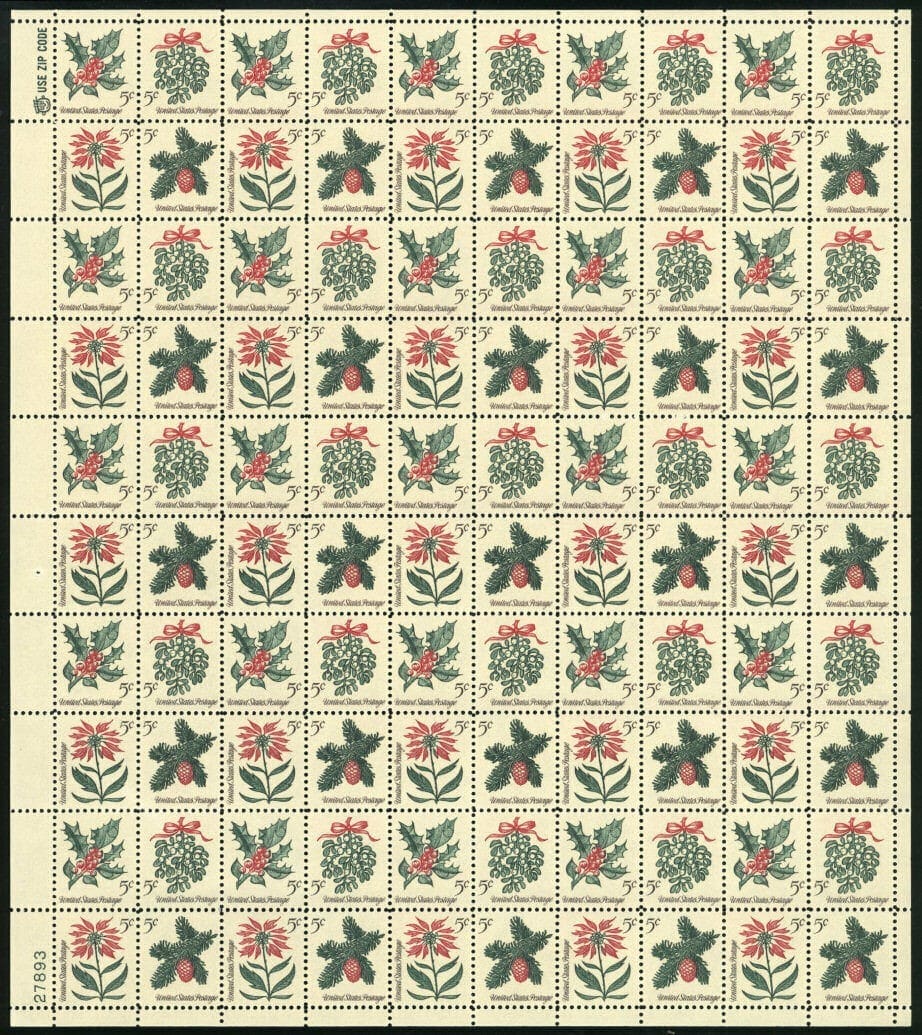 Scott# 1254-57 "CHRISTMAS HOLLY" MNH SE-TENANT FULL SHEET (100)