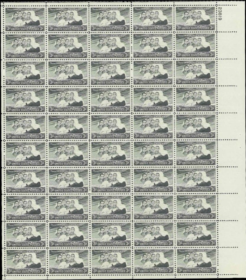 Scott# 956 "FOUR CHAPLAINS & SS DORCHESTER" MNH FULL SHEET (50)