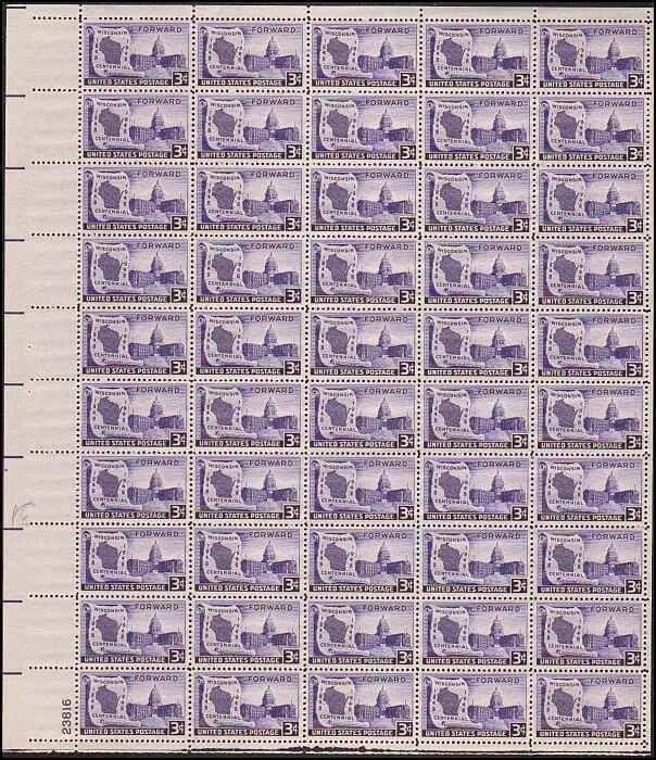 Scott# 957 "WISCONSIN STATEHOOD" MNH FULL SHEET (50)